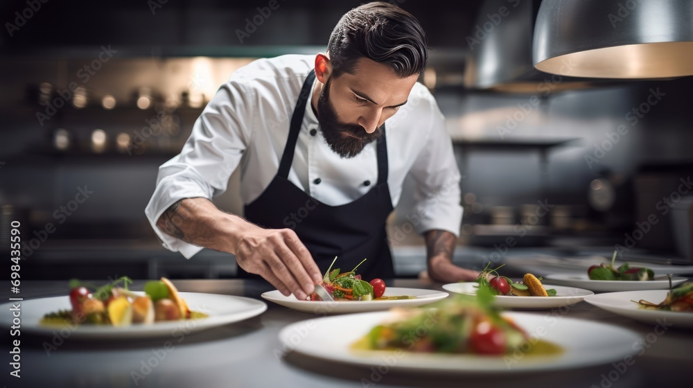 cook decorates ready-made dishes with herbs in a restaurant kitchen. The process of decorating a finished dish in a restaurant kitchen. - obrazy, fototapety, plakaty 