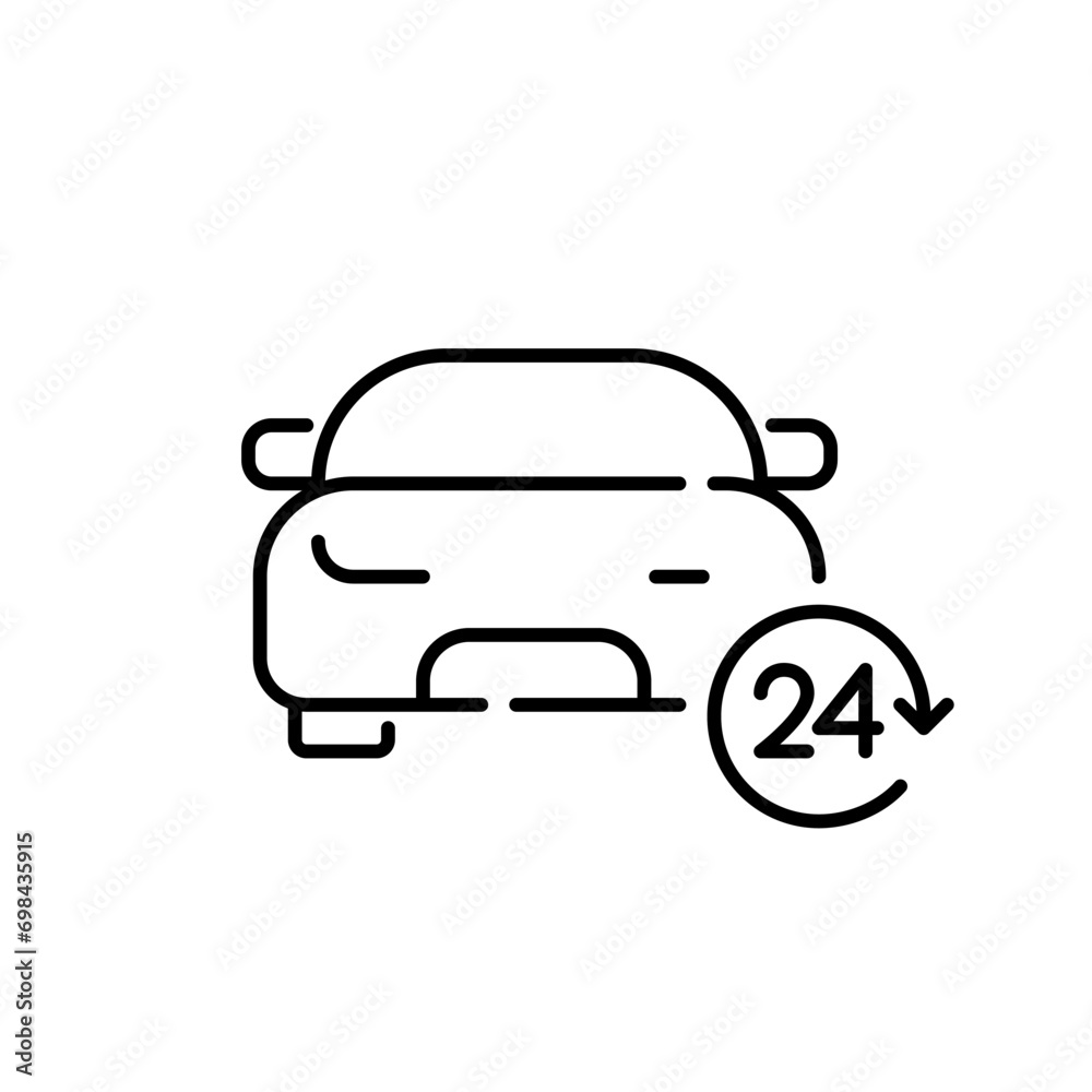 24 hour car rental service. Hourly car sharing. Pixel perfect, editable stroke icon 24 hour car rental service. Hourly car sharing. Pixel perfect, editable stroke icon