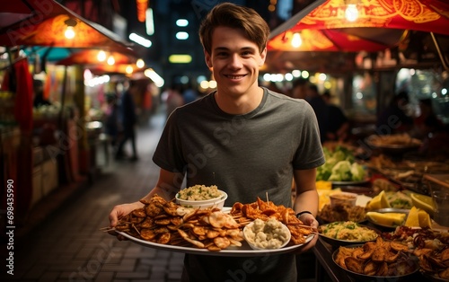 Global Flavors Teenager Samples Exotic Street Food During Travel