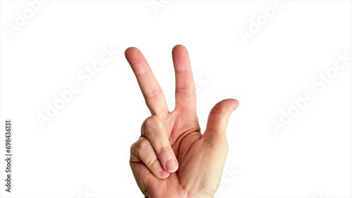 Close up shot of a male hand throwing a classic peace or gang sign, against a plain white background photo