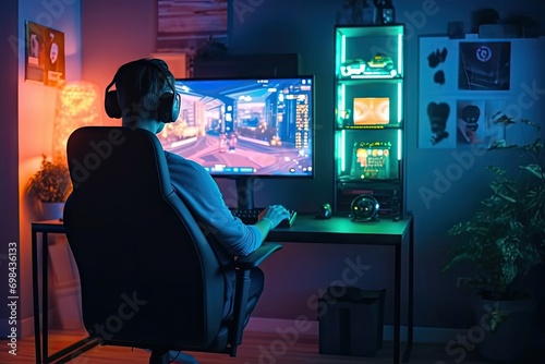 back shot gamer playing first person shooter online video game powerful personal computer room pc have colorful neon led lights cozy evening home