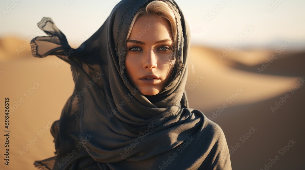 A woman wearing a scarf in the desert A woman wearing a scarf in the desert