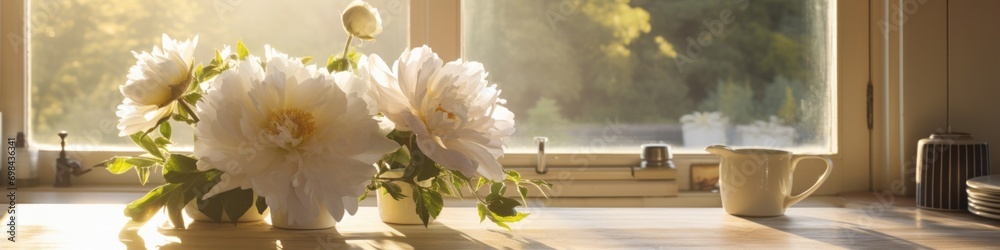 Fototapeta premium A vase of white flowers sitting on a kitchen counter