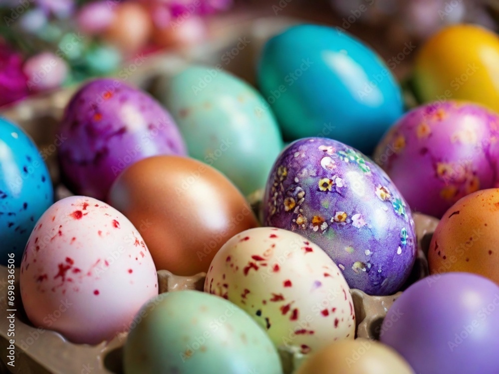 During Easter the food table was adorned with colorful eggs carefully arranged in a row inside a shiny egg box their shells glistening as the camera focused on a close up of the bunched up