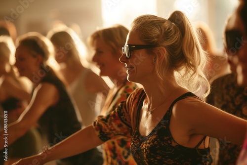 Group of blonde beauty women in their forties participating in an energetic dance workshop  embracing the rhythm and camaraderie of a lively salsa session generative ai