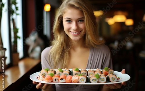 Sushi Delight Young Lady Enjoys Japanese Cuisine