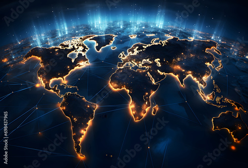 Global worldwide network connection and data connections concept. A world map with a blue light connected to it, gold and navy, global influences. Communication technology for internet.