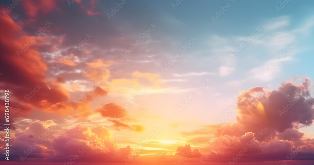Beautiful sunset over sea with reflection in water, colorful clouds in the sky