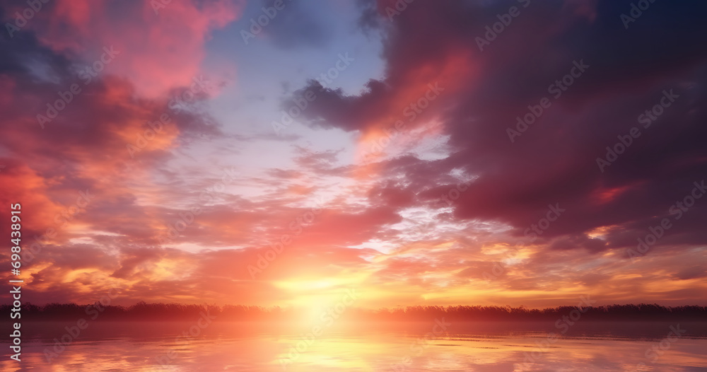 Beautiful sunset over sea with reflection in water, colorful clouds in the sky Beautiful sunset over sea with reflection in water, colorful clouds in the sky