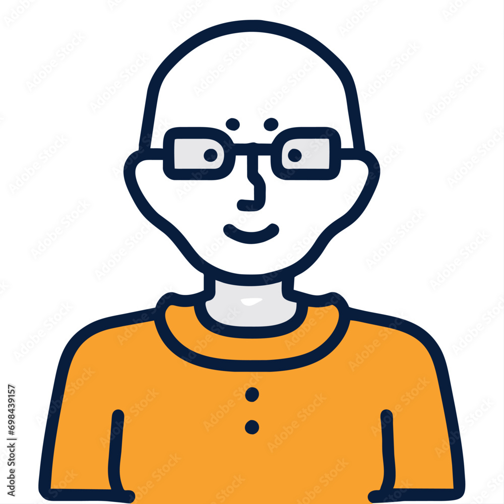 bald man, smile, thin glasses, wearing yellow polo shirt, fatty,40 years old, big lips, thin eyebrows, icon colored outline