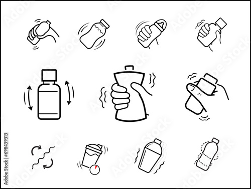 Shake icons set. Vector elements isolated on white background with high contrast. Set for package, shows user instruction. EPS10.	