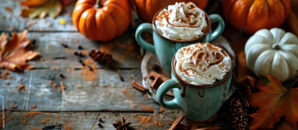 A pair of orange pumpkin spice lattes, topped with whipped cream, cinnamon sprinkles, served on a wooden table with autumn decor and pumpkins. A pair of orange pumpkin spice lattes, topped with whipped cream, cinnamon sprinkles, served on a wooden table with autumn decor and pumpkins.