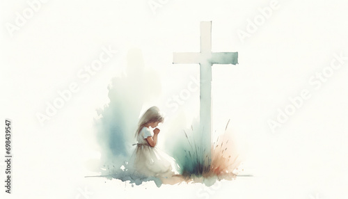 Illustration of a little girl praying in front of a cross photo