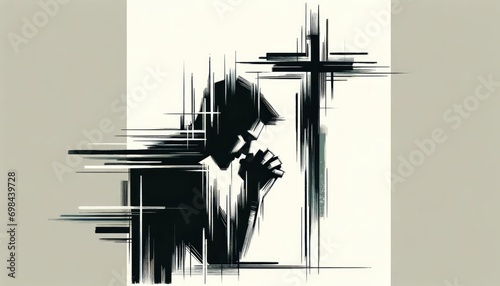 Leinwand Poster Illustration of a man praying in front of a cross