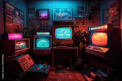 Awesome gaming setup 80s Retro gaming concept Vintage retro room entertainment Greatest interior ever