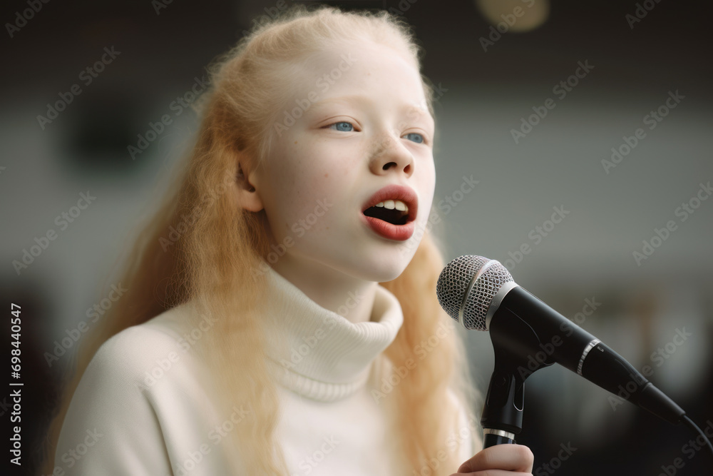 A young adult albino girl, around 17, confidently participating in a public speaking event, challenging stereotypes and inspiring others through his voice and presence A young adult albino girl, around 17, confidently participating in a public speaking event, challenging stereotypes and inspiring others through his voice and presence