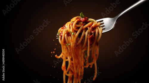 Closeup a fork with hot spaghetti or noodles food isolated on dark background. AI generated image