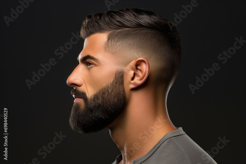 A profile view of a man sporting a trendy fade haircut with a well-groomed beard, epitomizing modern urban masculinity. Male, 34 years old, Middle Eastern ethnicity photo