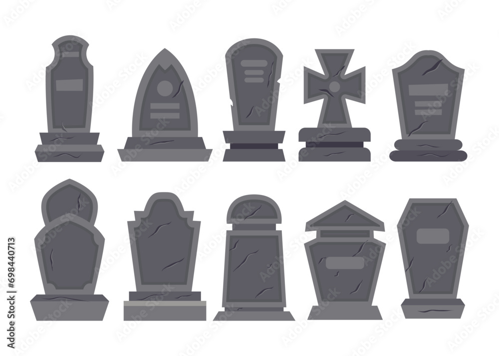 Set of different types of empty tombstone collection, halloween Gravestones set. Old Tomb Collection. Ancient RIP, for Halloween, cemetery or tomb, dead funeral concept, vector illustration,  - obrazy, fototapety, plakaty 