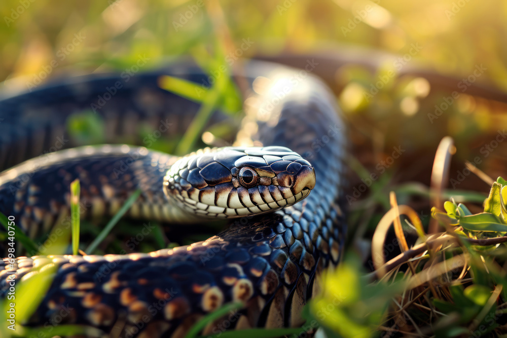 Fototapeta premium A Coastal Taipan slithering through the grasslands of Northern Australia, its sleek body contrasting with the green grass, captured in the warm morning light