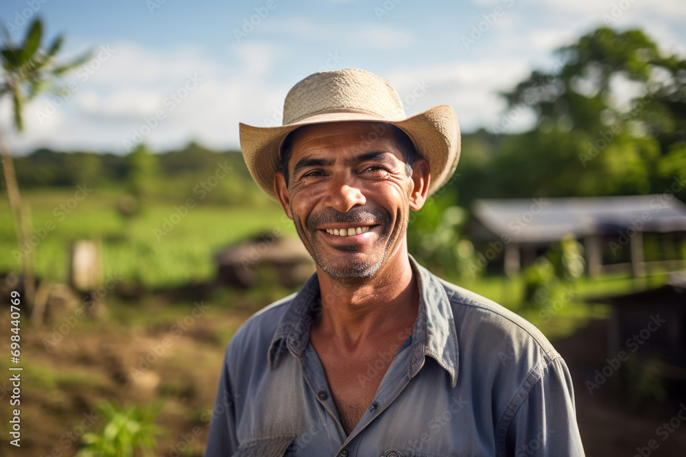 A farmer, male, 47 years old, Hispanic, against the backdrop of his farm, smiling with pride for his land