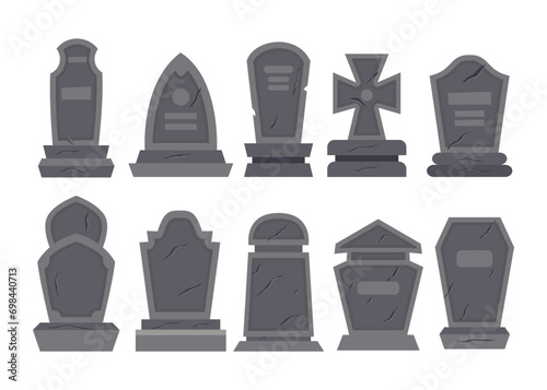 Set of different types of empty tombstone collection, halloween Gravestones set. Old Tomb Collection. Ancient RIP, for Halloween, cemetery or tomb, dead funeral concept, vector illustration,  photo