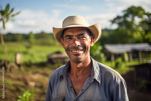 A farmer, male, 47 years old, Hispanic, against the backdrop of his farm, smiling with pride for his land © Hanna Haradzetska