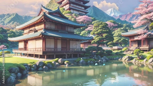 japan traditional house with lake and mountain scenery landscape looping animation background illustration