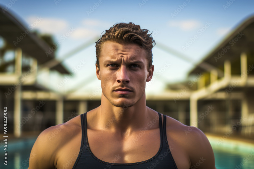 Photograph of a swimmer, male, 26 years old, Australian, in swimwear, at a pool, showcasing his athletic physique and focused expression before a swim Photograph of a swimmer, male, 26 years old, Australian, in swimwear, at a pool, showcasing his athletic physique and focused expression before a swim