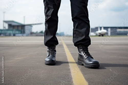 Male legs in uniform boots stand on the airport asphalt, conveying discipline and neatness. Man, 40 years old, Asian ethnicity