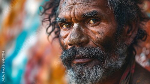 Portrait of a wise aboriginal indigenous man, artwork blurring in the background photo