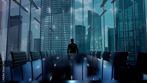 mindshare. Businessman Working in Office among Skyscrapers. Hologram Concept photo