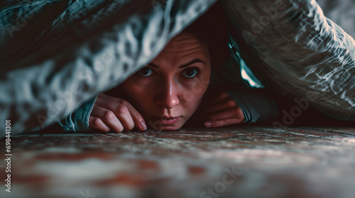 Woman hiding under a bed cover