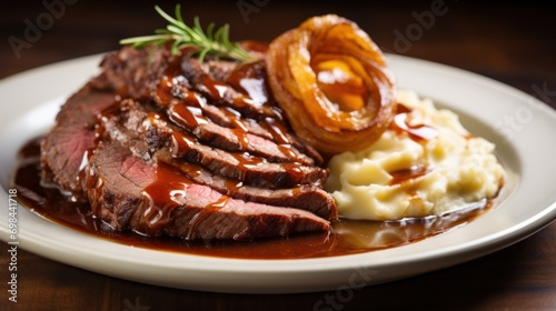 Canvas-taulu Delicious sliced roast beef with fried onion rings and mashed potatoes, brown sa