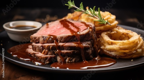 Delicious sliced roast beef with fried onion rings and mashed potatoes, brown sauce on white plate photo