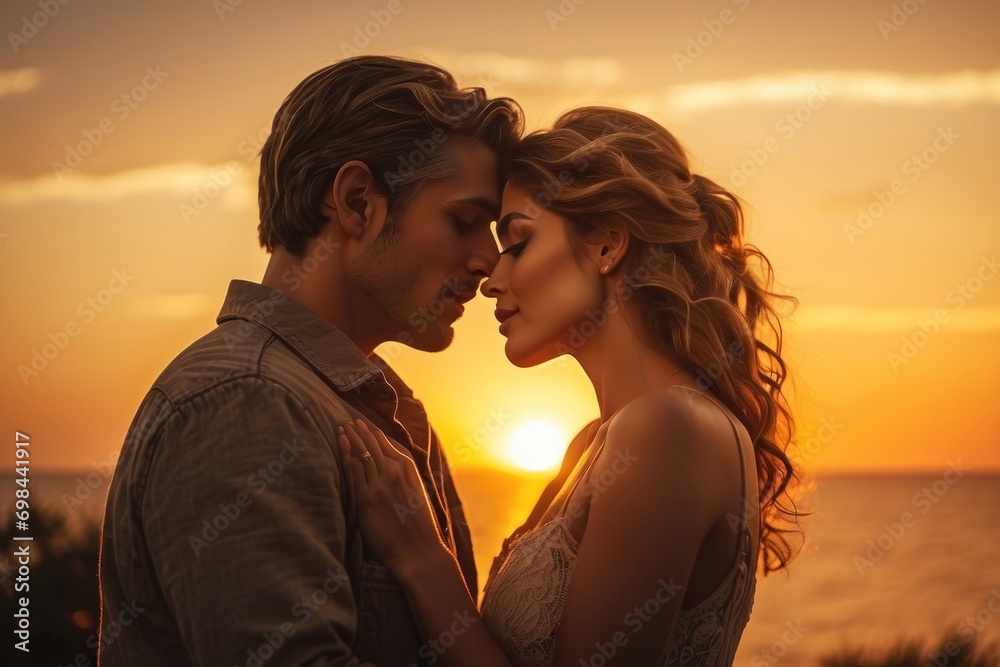 Side view of romantic couple looking at each other on beach at sunset