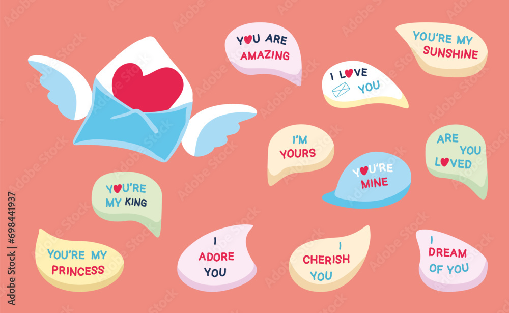 Love phrases in conversation bubbles for Valentines day on a peach background. Letter with wings and heart. Vector illustration