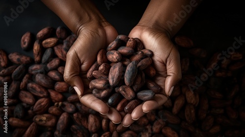Top view woman’s hands holding brown cocoa beans isolated on dark background. AI generated image photo