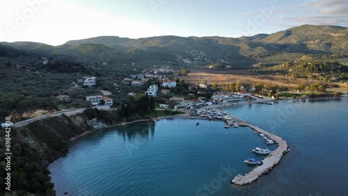 Aerial view of the tranquil sea and green hills with a town on the shore. Zakynthos  Keri