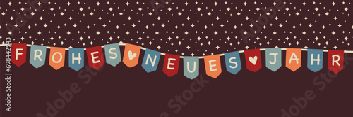 Frohes neues Jahr - Schriftzug in deutscher Sprache. Grußbanner mit bunter Wimpelkette und Sternenhimmel.