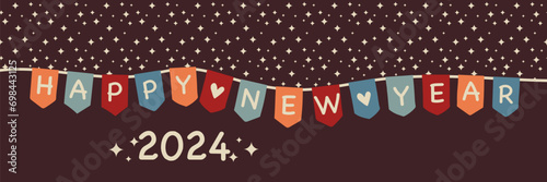 2024 Happy New Year - Schriftzug in englischer Sprache - Frohes neues Jahr. Grußbanner mit bunter Wimpelkette und Sternenhimmel photo