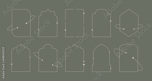 Minimal aesthetic linear frames, arches with decorative stars, moons. Boho geometric vector window, door set.