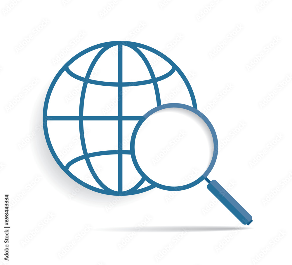 Search loupe icon in flat style, magnifying glass and globe. Zoom tool. Magnifier. Vector design elements for you business project Search loupe icon in flat style, magnifying glass and globe. Zoom tool. Magnifier. Vector design elements for you business project