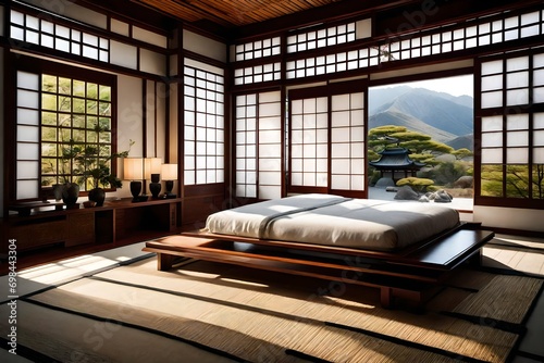 Japanese-inspired Bedroom with Shoji Screens and Zen Garden View