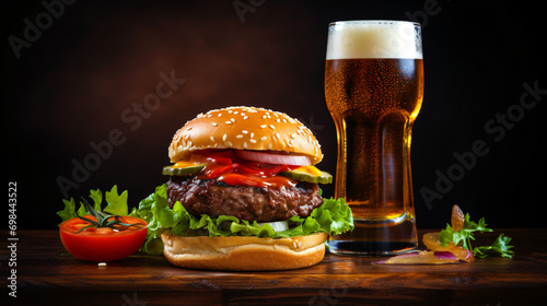 Tasty juicy burger with beer in glass