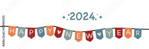 2024 Happy New Year - Schriftzug in englischer Sprache - Frohes neues Jahr. Grußbanner mit bunter Wimpelkette.