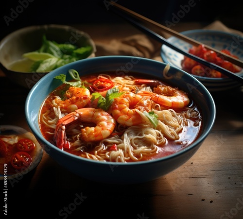 Thai noodle soup with shrimp in bowl