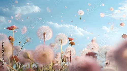 Whimsical Dandelions and Flowers Against a Blue Sky