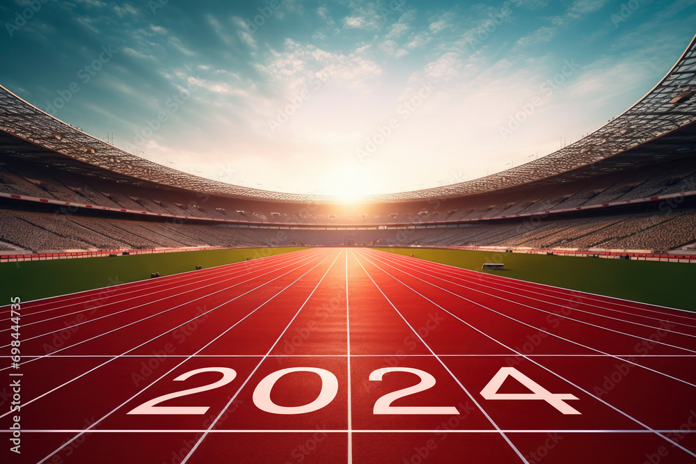 2024 written on red running tracks in stadium, Evening scene, Happy new year 2024, Start up, Future vision and Goal concept - obrazy, fototapety, plakaty 