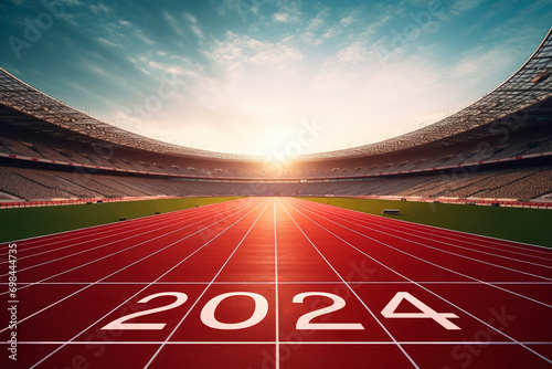 2024 written on red running tracks in stadium, Evening scene, Happy new year 2024, Start up, Future vision and Goal concept photo